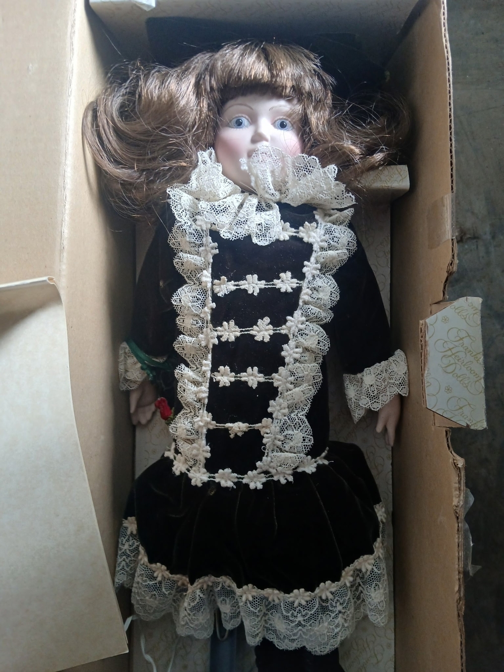 Porcelain Fashion Doll in Black Velvet Dress with Lace Trim